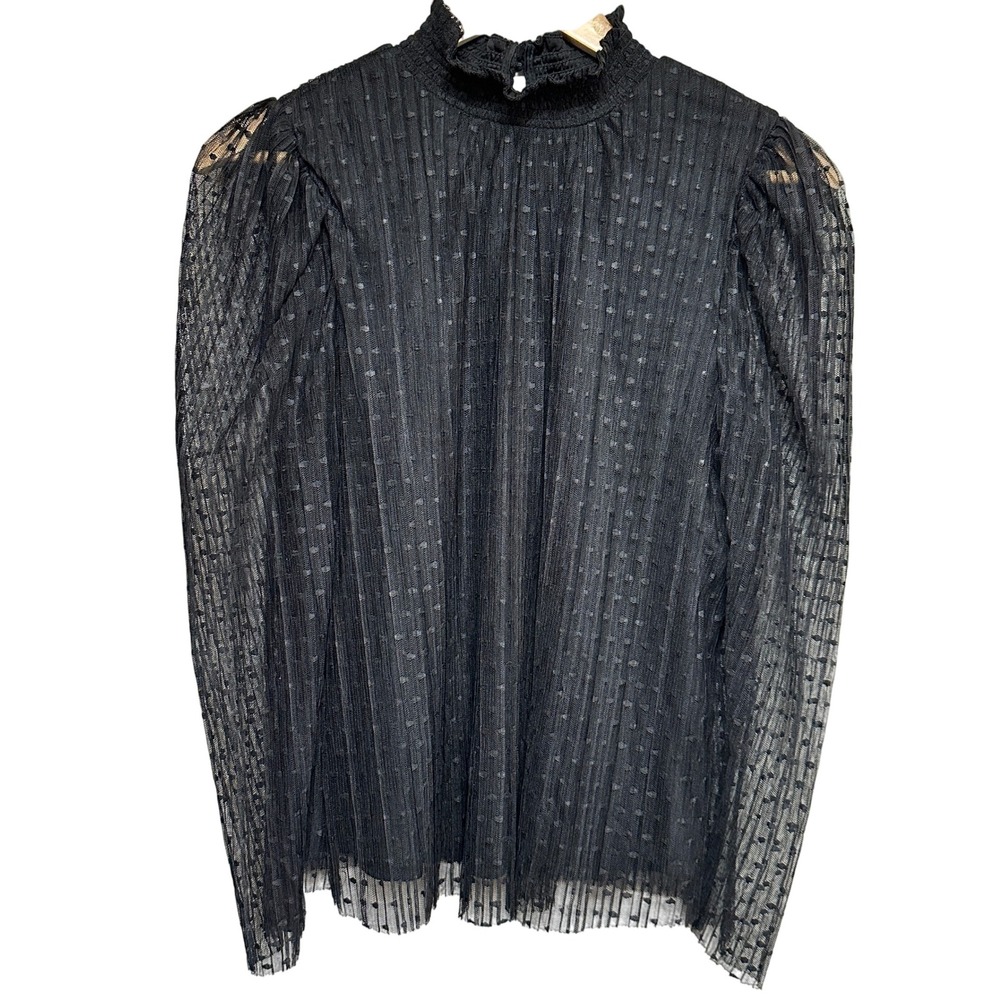 CeCe Sheer High Neck Gothic Blouse Womens S Black Mesh Puff Sleeve Whimsigoth